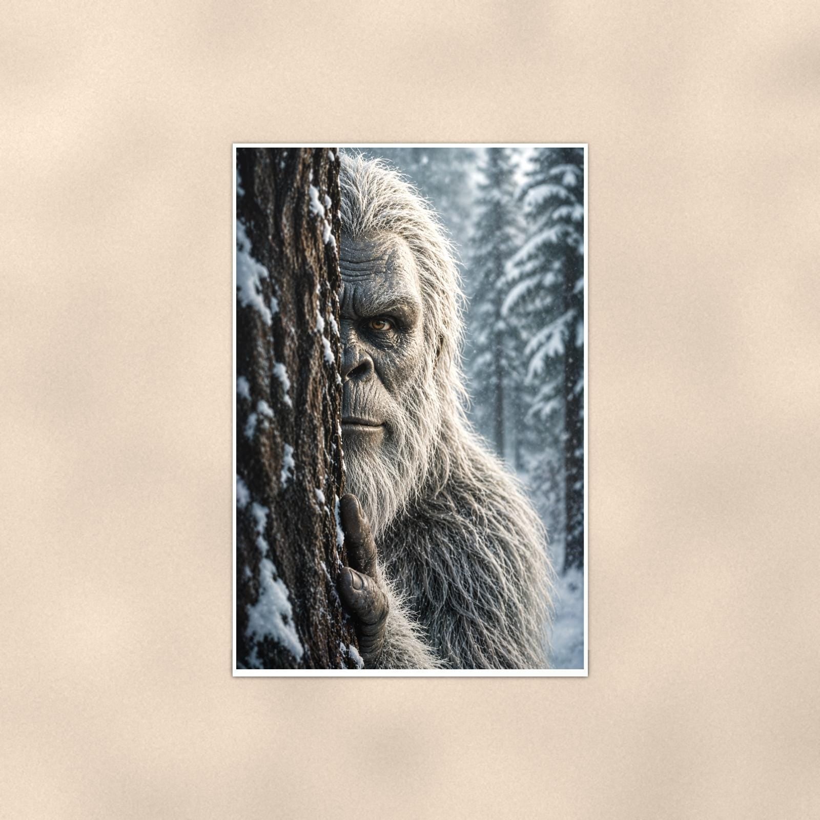 Snowy Stare Yeti — 24x36 in art print poster, premium luster paper with a white border; poster shown straight on against a warm wall.