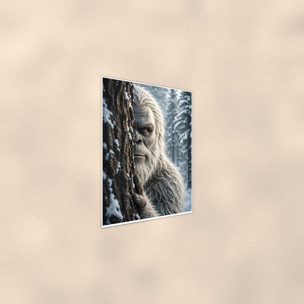 Snowy Stare Yeti — 24x36 in art print poster, premium luster paper with a white border; steeper three-quarter angle on a warm wall, catching the luster sheen.