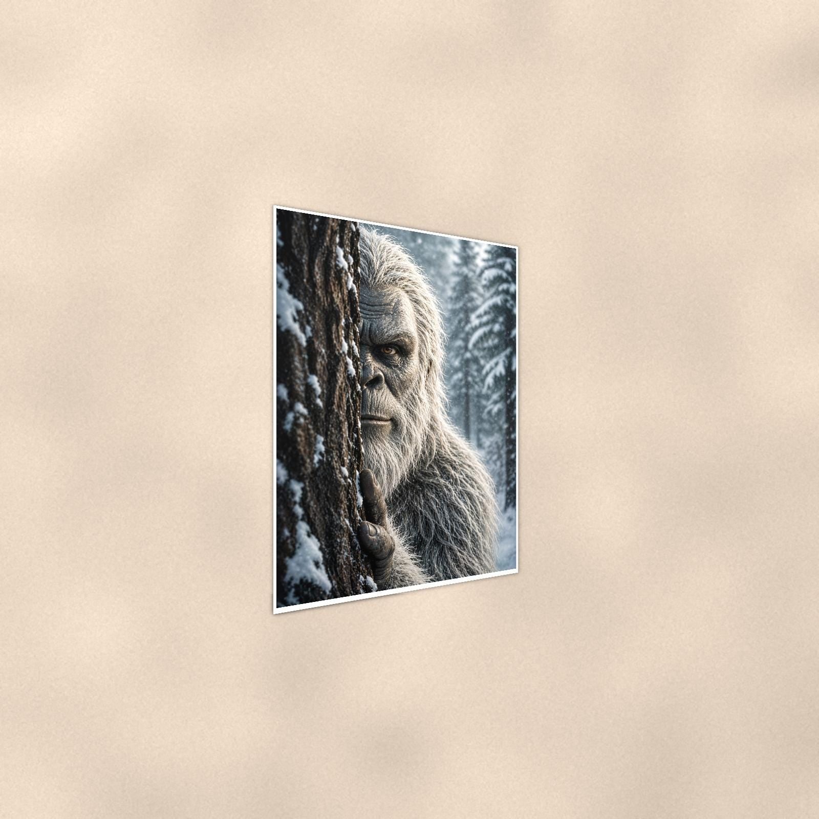 Snowy Stare Yeti — 24x36 in art print poster, premium luster paper with a white border; steeper three-quarter angle on a warm wall, catching the luster sheen.