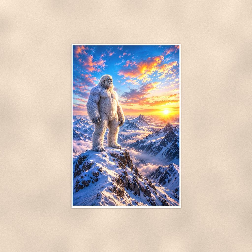 Sunrise Summit Yeti — 24x36 in art print poster, premium luster paper with a white border; poster shown straight on against a warm wall.