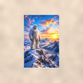 Sunrise Summit Yeti — 24x36 in art print poster, premium luster paper with a white border; poster shown straight on against a warm wall.