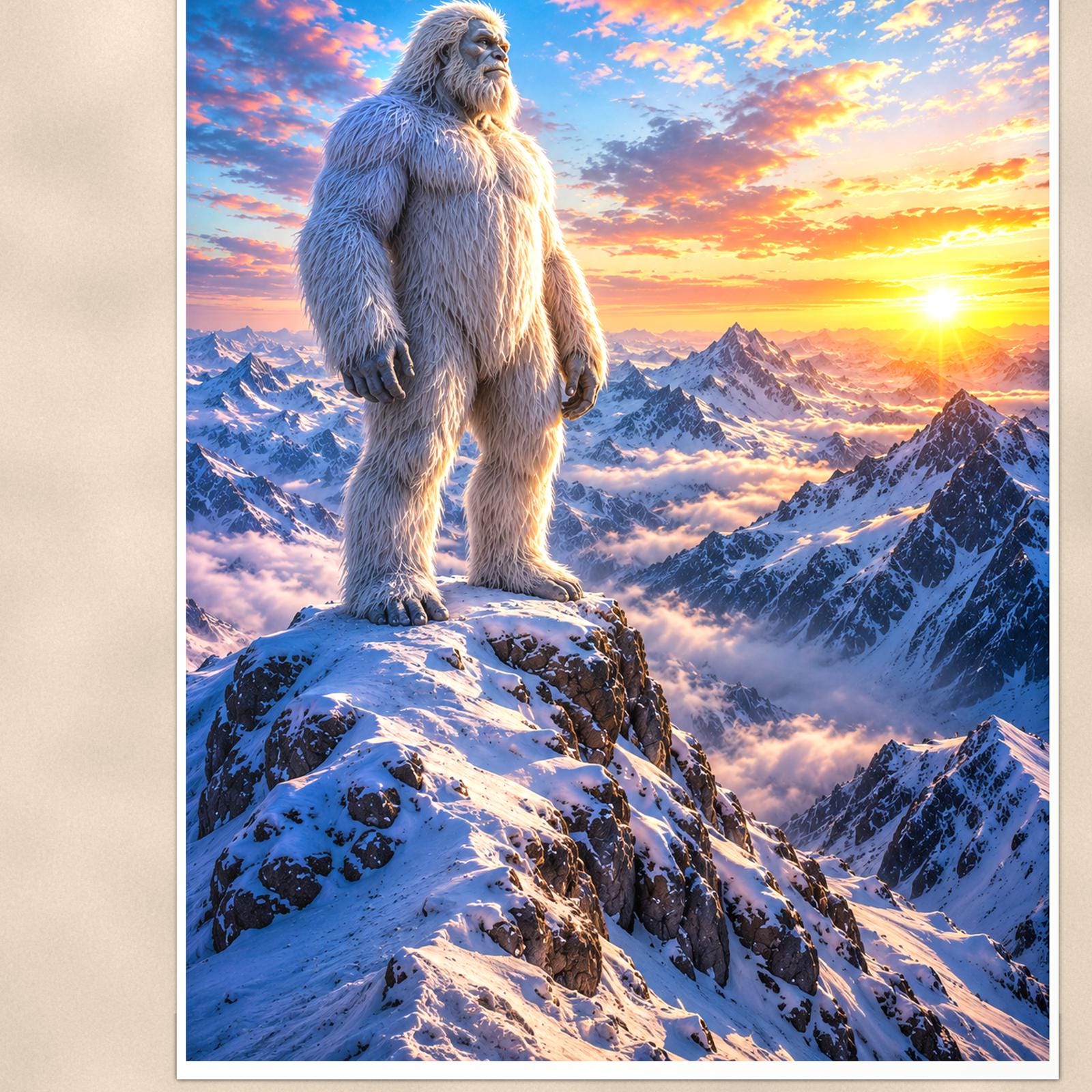 Sunrise Summit Yeti — 24x36 in art print poster, premium luster paper with a white border; close-up framed on the main subject of the artwork, paper surface visible.