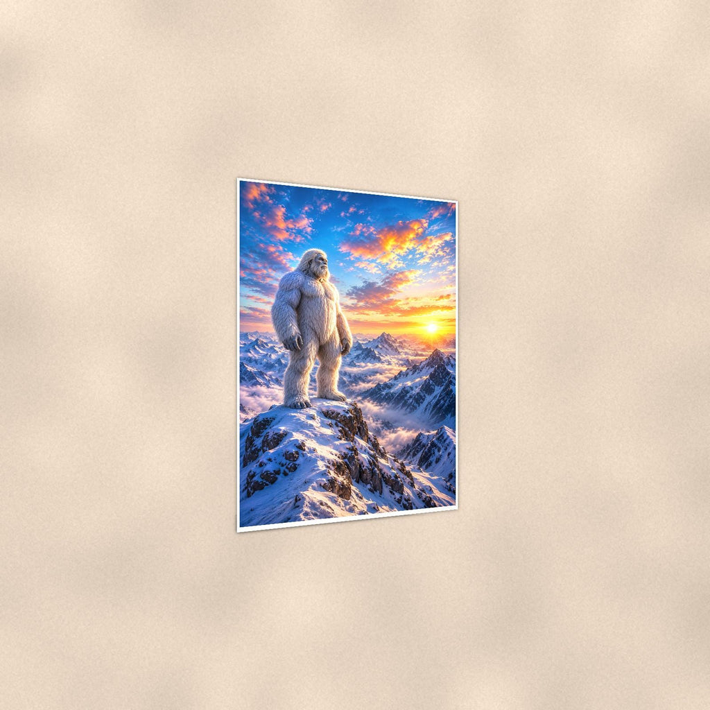 Sunrise Summit Yeti — 24x36 in art print poster, premium luster paper with a white border; gentle three-quarter angle on a warm wall, showing the flat paper edge.