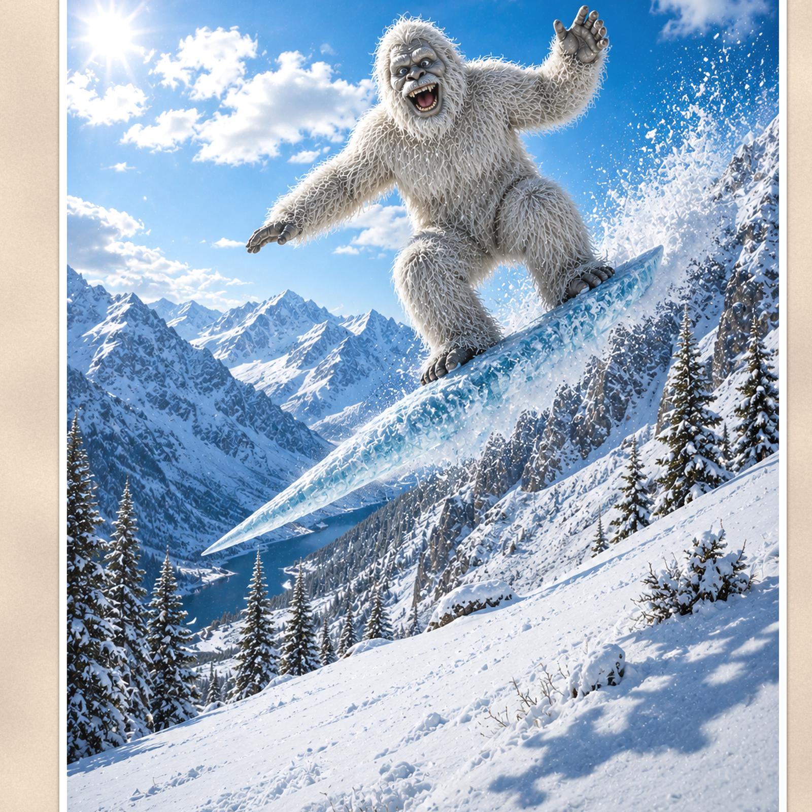 Snowboard Jump Yeti — 24x36 in art print poster, premium luster paper with a white border; close-up framed on the main subject of the artwork, paper surface visible.