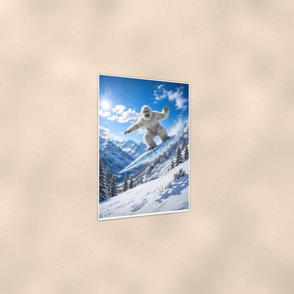 Snowboard Jump Yeti — 24x36 in art print poster, premium luster paper with a white border; gentle three-quarter angle on a warm wall, showing the flat paper edge.