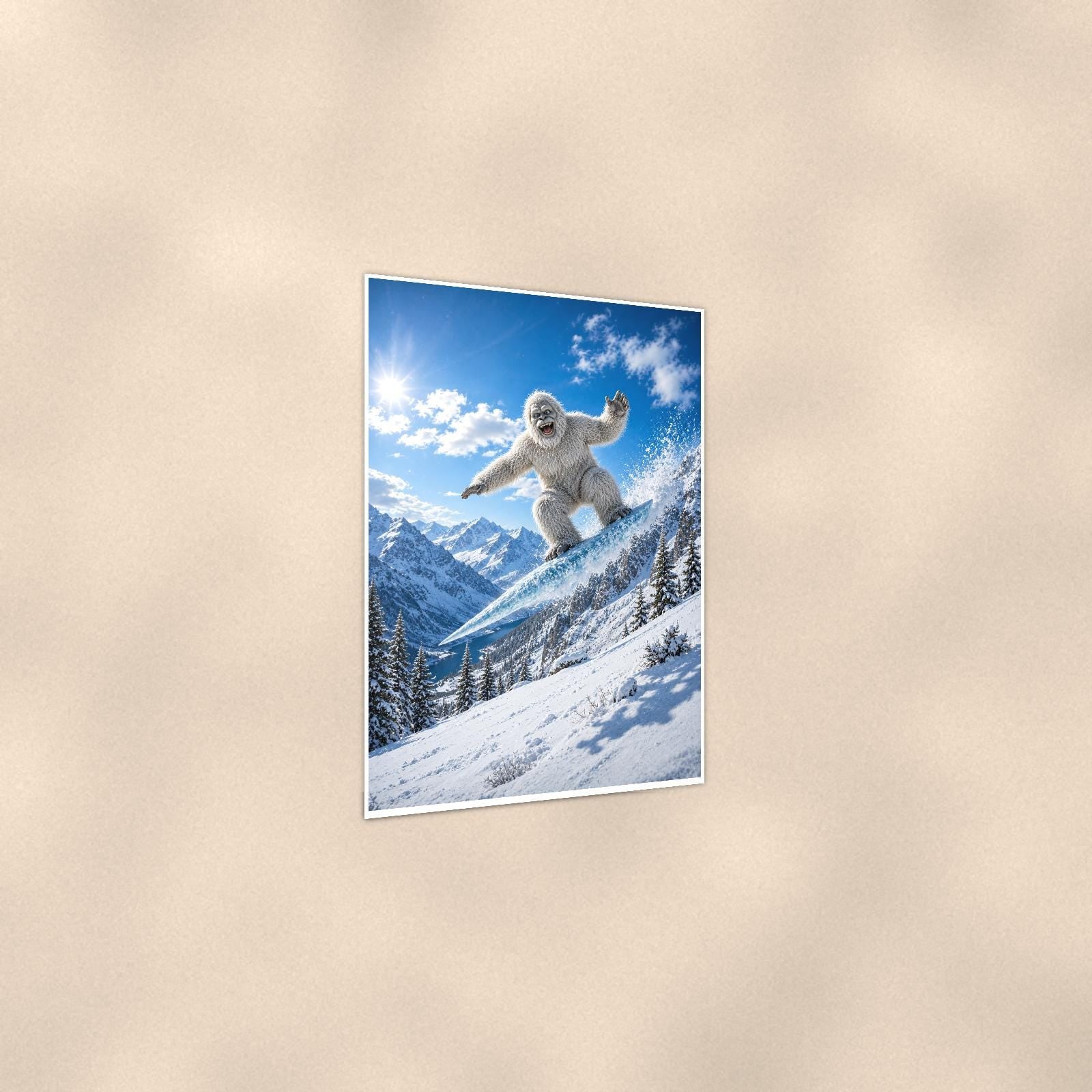 Snowboard Jump Yeti — 24x36 in art print poster, premium luster paper with a white border; gentle three-quarter angle on a warm wall, showing the flat paper edge.