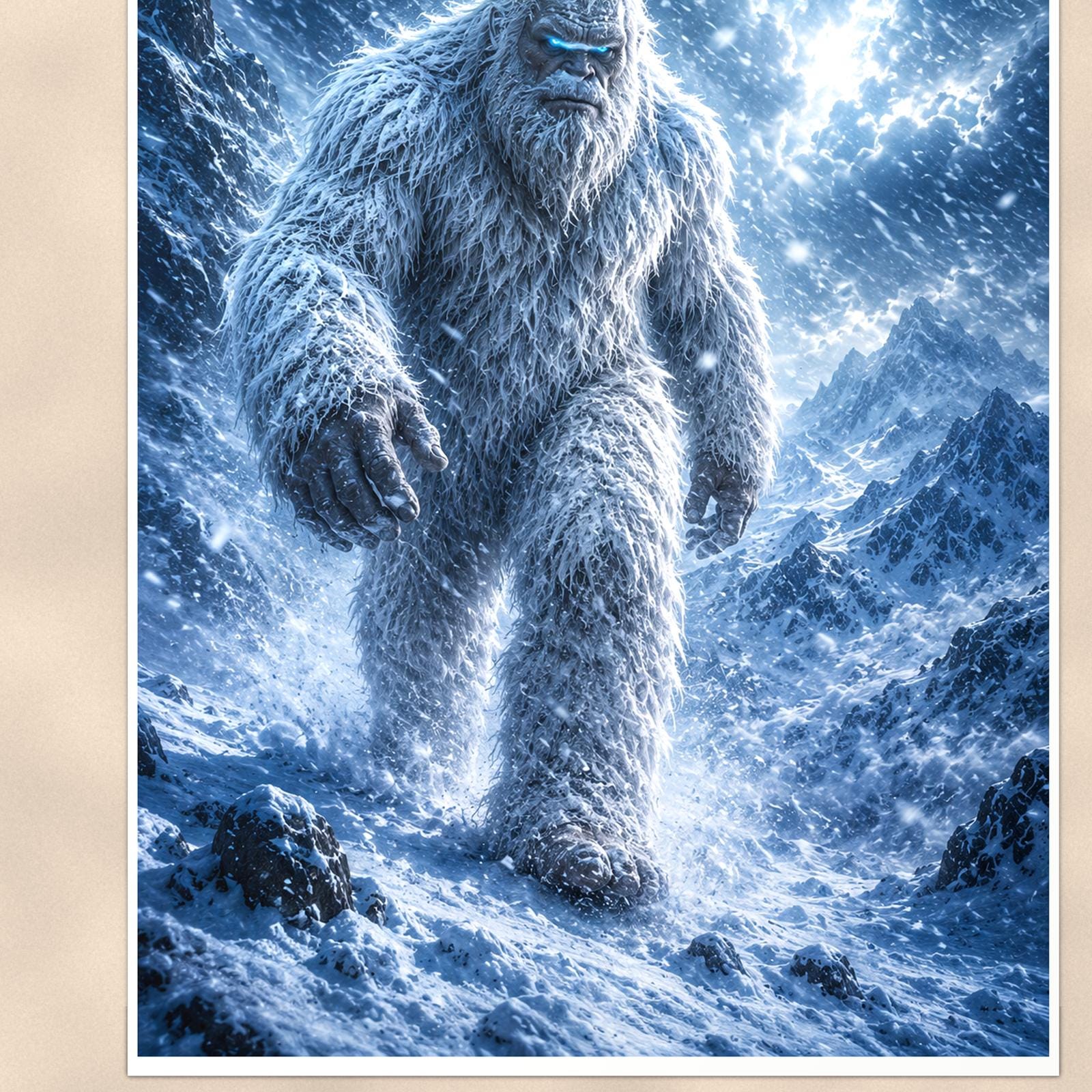 Blizzard Storm Yeti — 24x36 in art print poster, premium luster paper with a white border; close-up framed on the main subject of the artwork, paper surface visible.