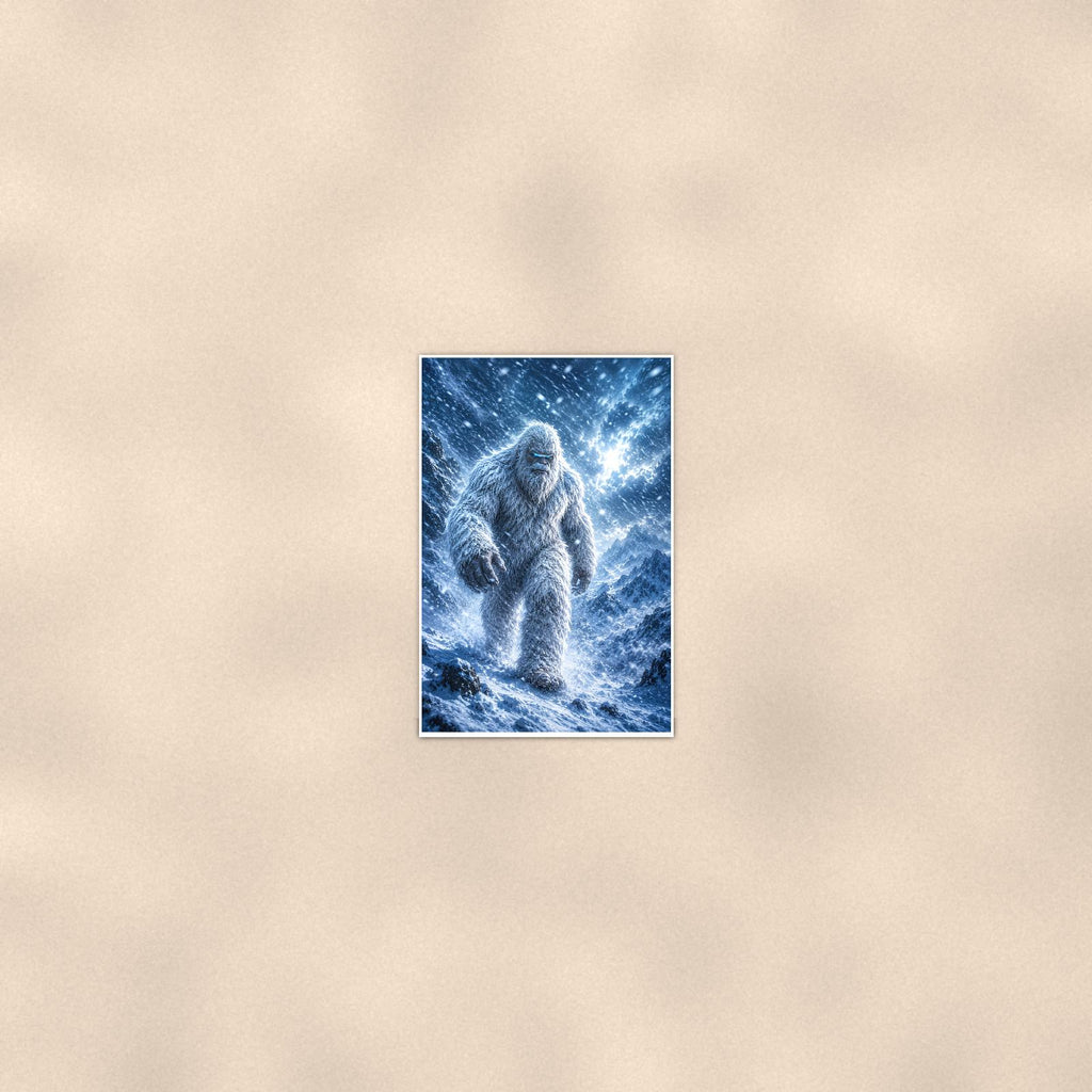 Blizzard Storm Yeti — 24x36 in art print poster, premium luster paper with a white border; poster seen from further back, at true 24x36 in scale on a warm wall.