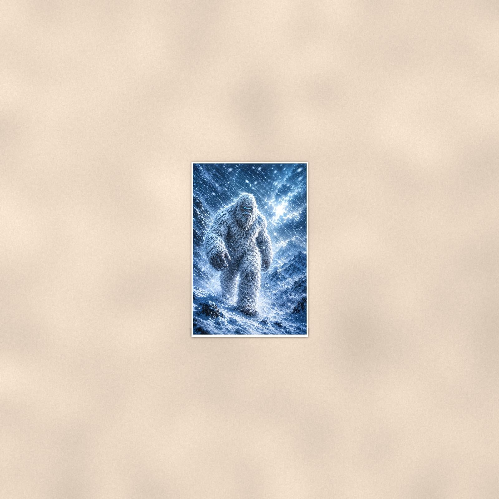 Blizzard Storm Yeti — 24x36 in art print poster, premium luster paper with a white border; poster seen from further back, at true 24x36 in scale on a warm wall.
