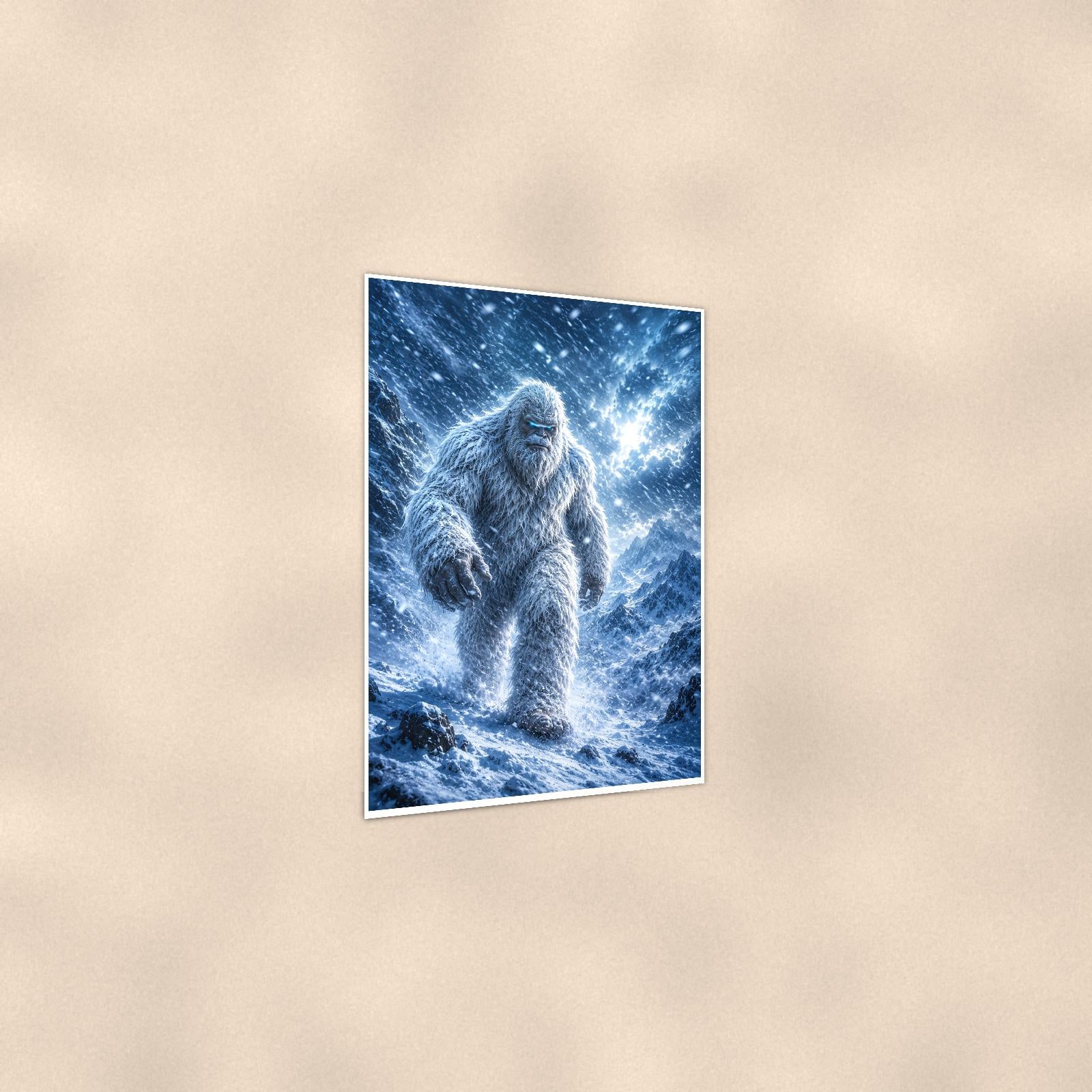 Blizzard Storm Yeti — 24x36 in art print poster, premium luster paper with a white border; gentle three-quarter angle on a warm wall, showing the flat paper edge.