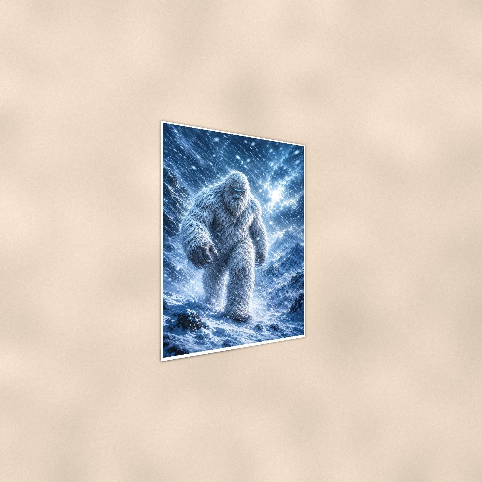 Blizzard Storm Yeti — 24x36 in art print poster, premium luster paper with a white border; steeper three-quarter angle on a warm wall, catching the luster sheen.