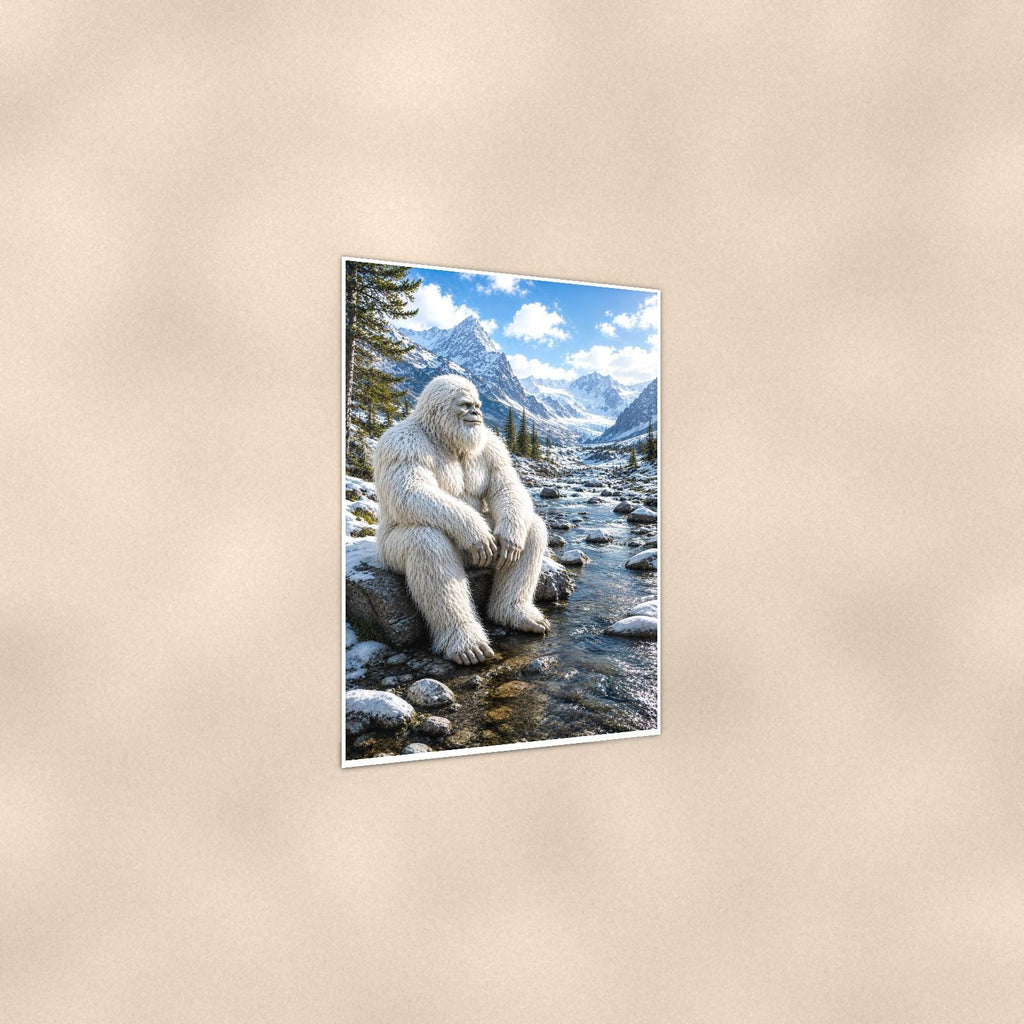 Mountain Stream Yeti — 24x36 in art print poster, premium luster paper with a white border; gentle three-quarter angle on a warm wall, showing the flat paper edge.
