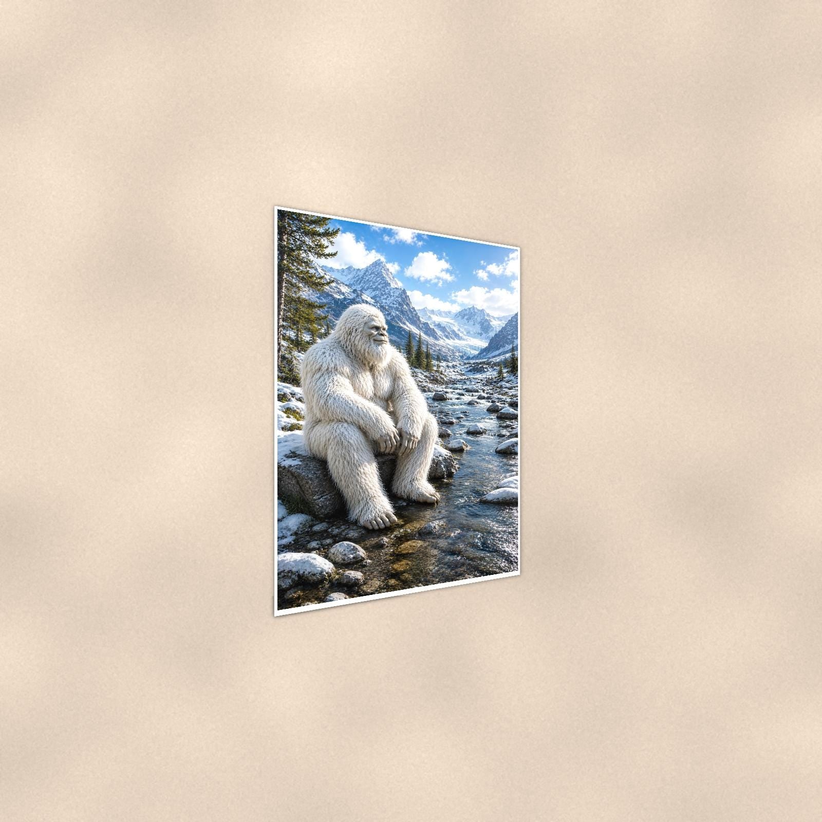 Mountain Stream Yeti — 24x36 in art print poster, premium luster paper with a white border; steeper three-quarter angle on a warm wall, catching the luster sheen.