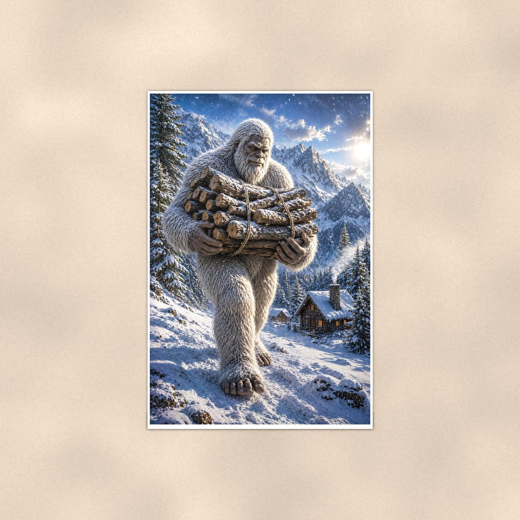 Firewood Yeti — 24x36 in art print poster, premium luster paper with a white border; poster shown straight on against a warm wall.