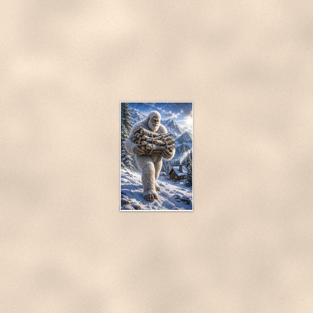 Firewood Yeti — 24x36 in art print poster, premium luster paper with a white border; poster seen from further back, at true 24x36 in scale on a warm wall.