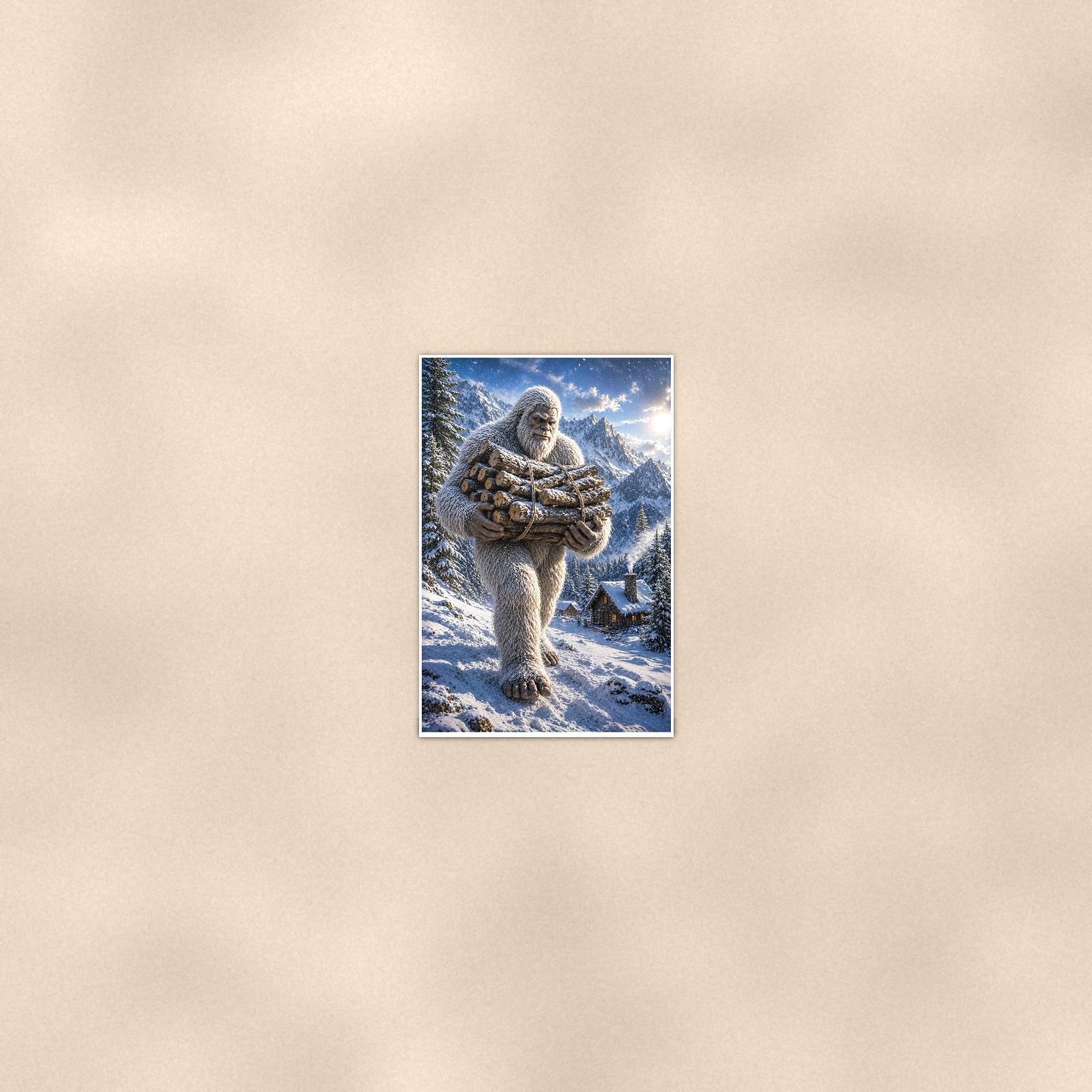 Firewood Yeti — 24x36 in art print poster, premium luster paper with a white border; poster seen from further back, at true 24x36 in scale on a warm wall.