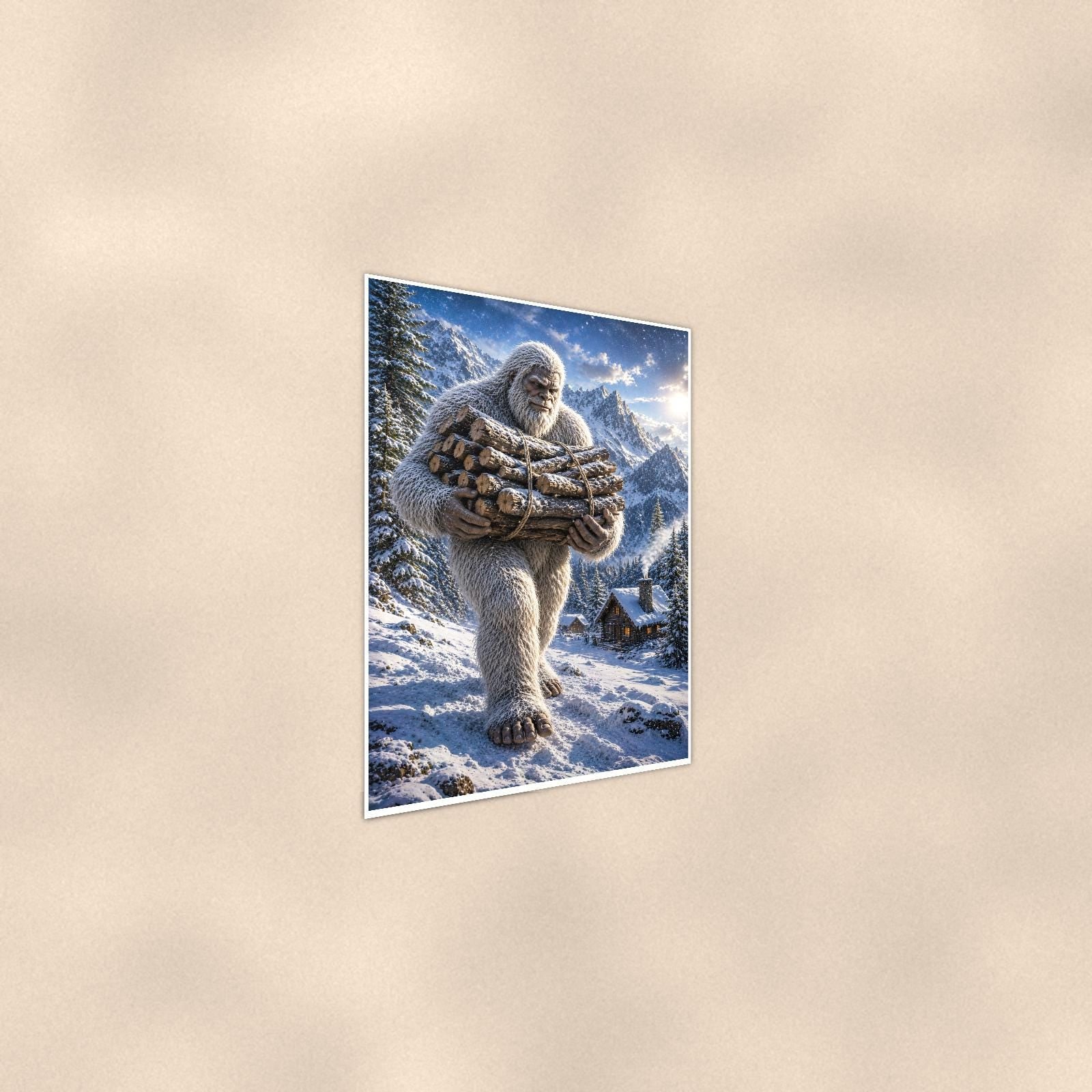 Firewood Yeti — 24x36 in art print poster, premium luster paper with a white border; steeper three-quarter angle on a warm wall, catching the luster sheen.