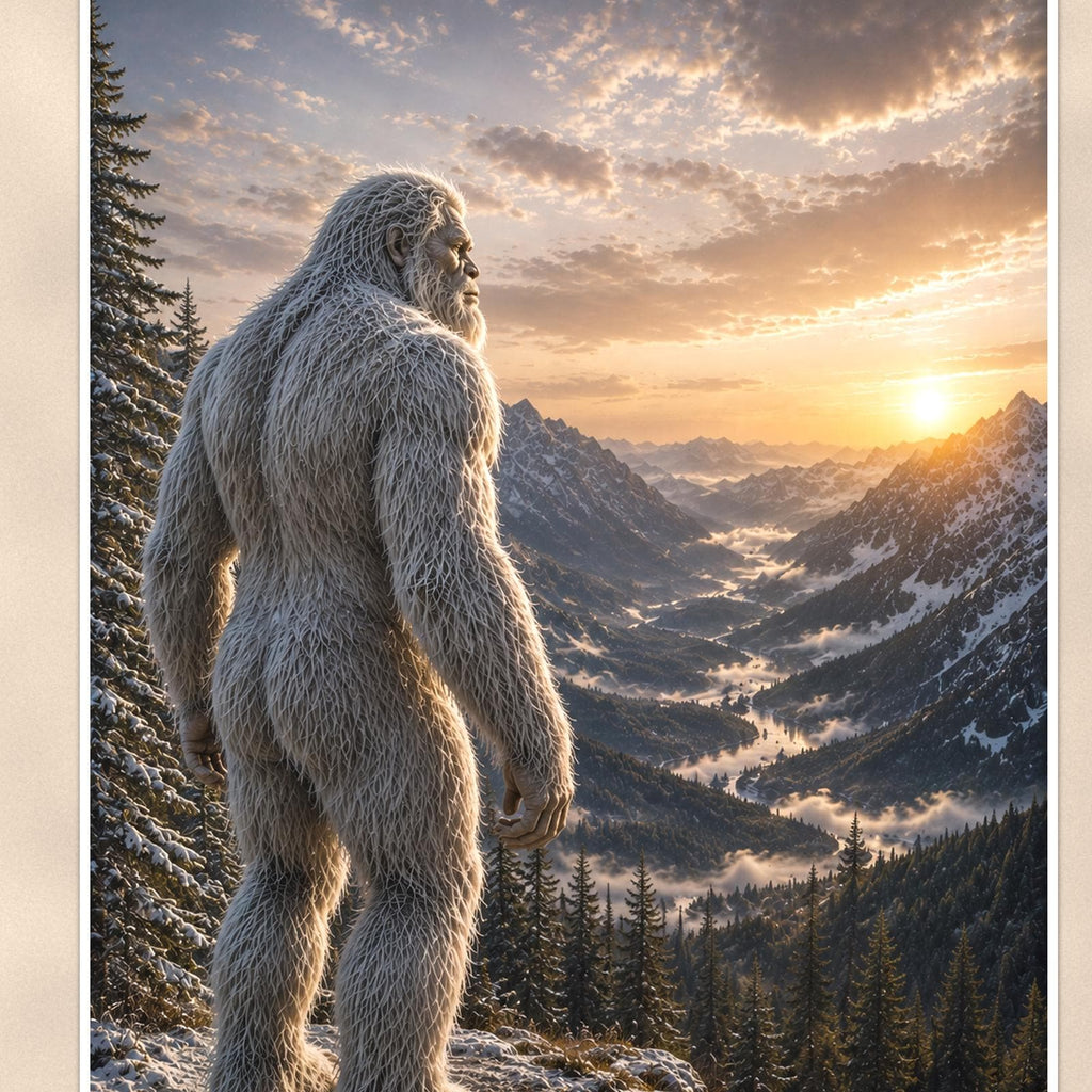 Cloud Valley Yeti — 24x36 in art print poster, premium luster paper with a white border; close-up framed on the main subject of the artwork, paper surface visible.