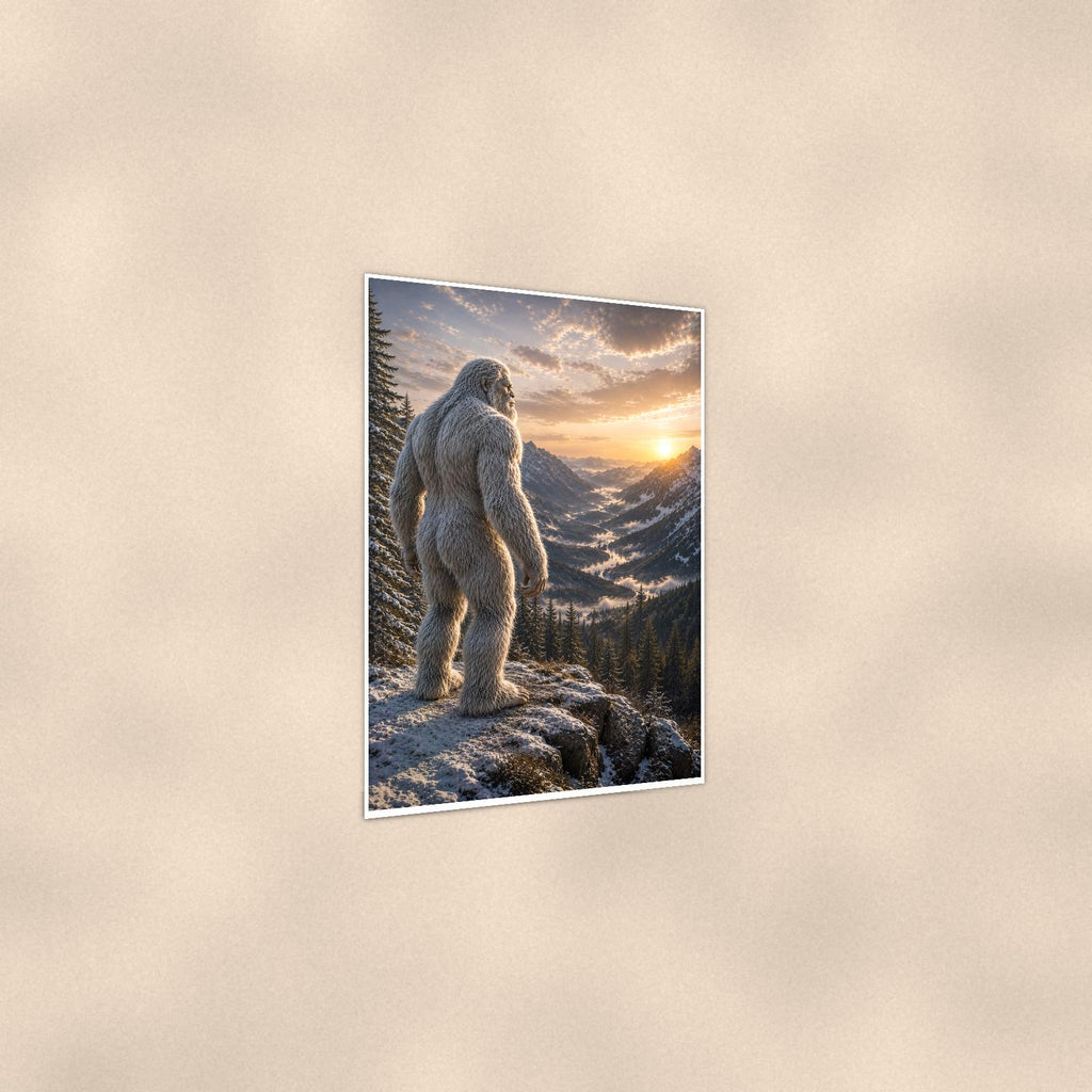 Cloud Valley Yeti — 24x36 in art print poster, premium luster paper with a white border; gentle three-quarter angle on a warm wall, showing the flat paper edge.