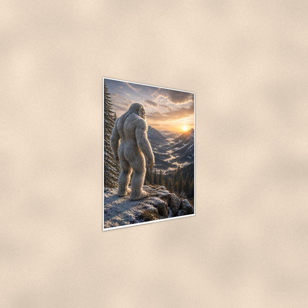 Cloud Valley Yeti — 24x36 in art print poster, premium luster paper with a white border; steeper three-quarter angle on a warm wall, catching the luster sheen.