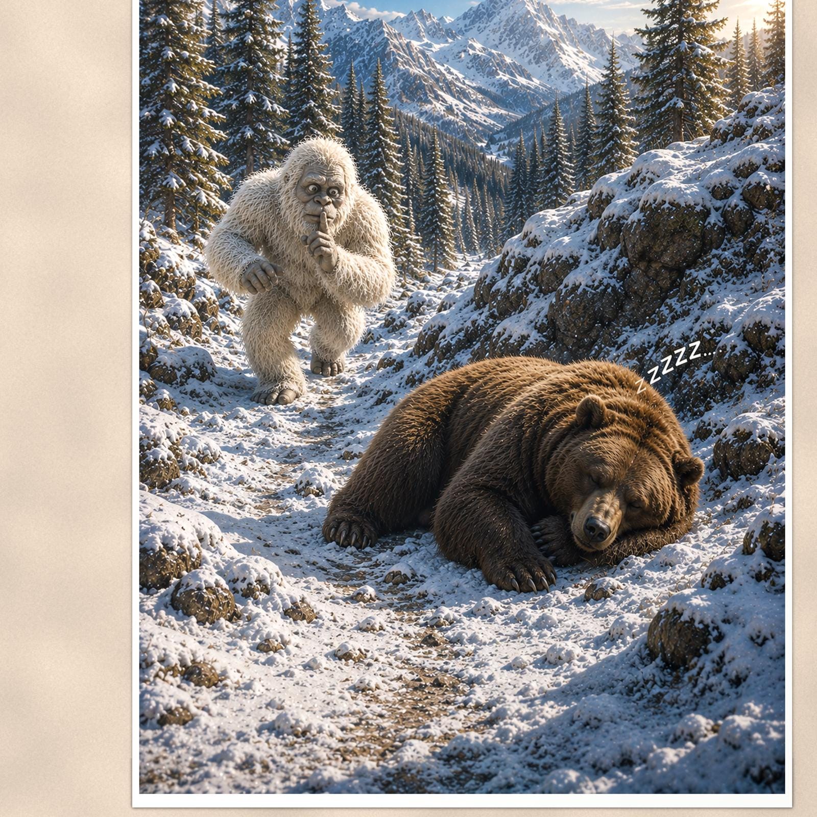 Bear Nap Yeti — 24x36 in art print poster, premium luster paper with a white border; close-up framed on the main subject of the artwork, paper surface visible.
