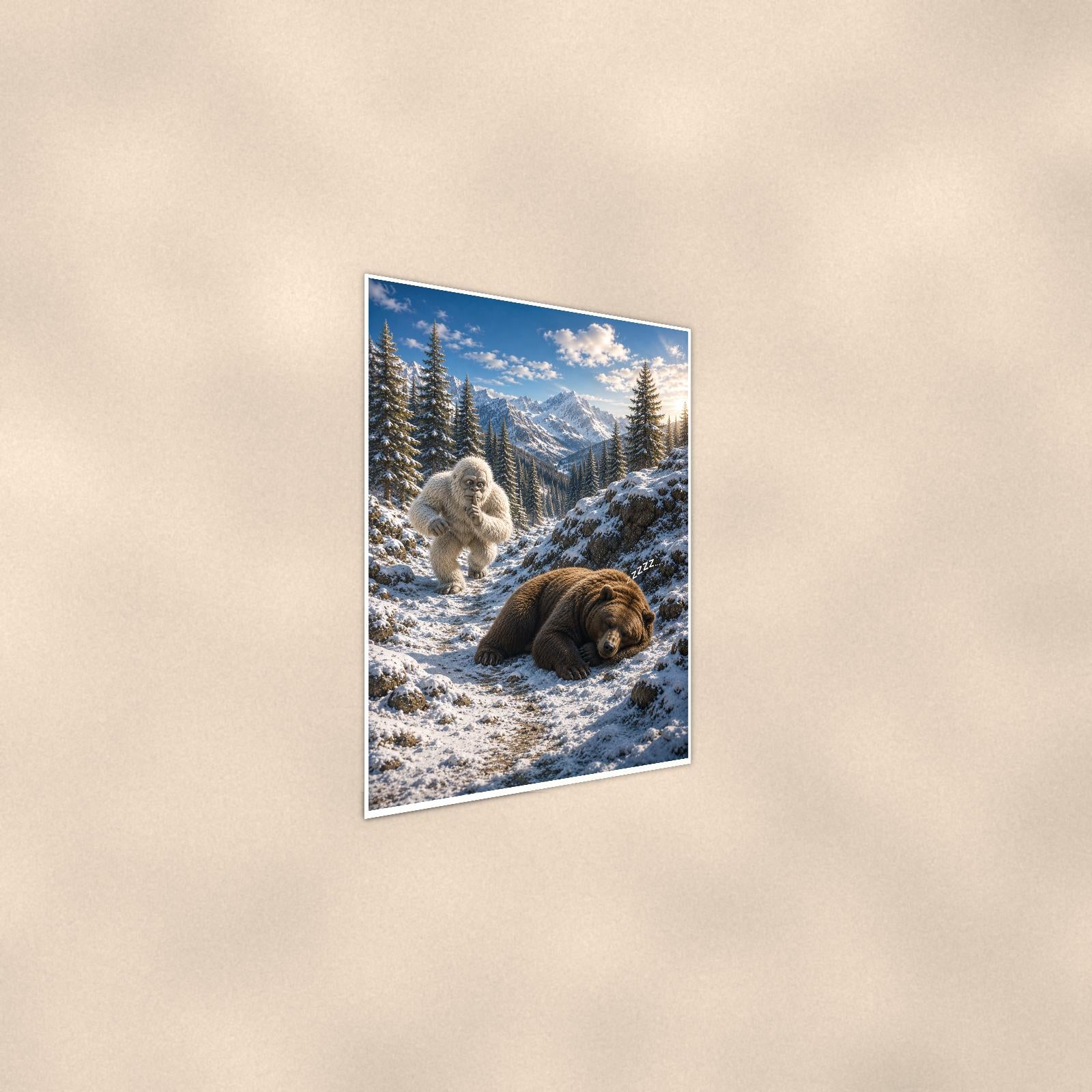 Bear Nap Yeti — 24x36 in art print poster, premium luster paper with a white border; steeper three-quarter angle on a warm wall, catching the luster sheen.