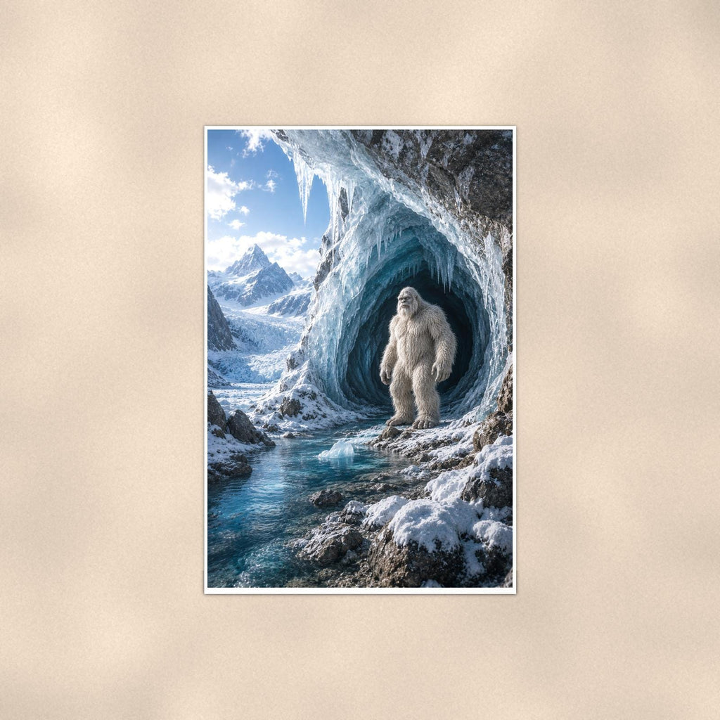 Ice Cave Yeti — 24x36 in art print poster, premium luster paper with a white border; poster shown straight on against a warm wall.
