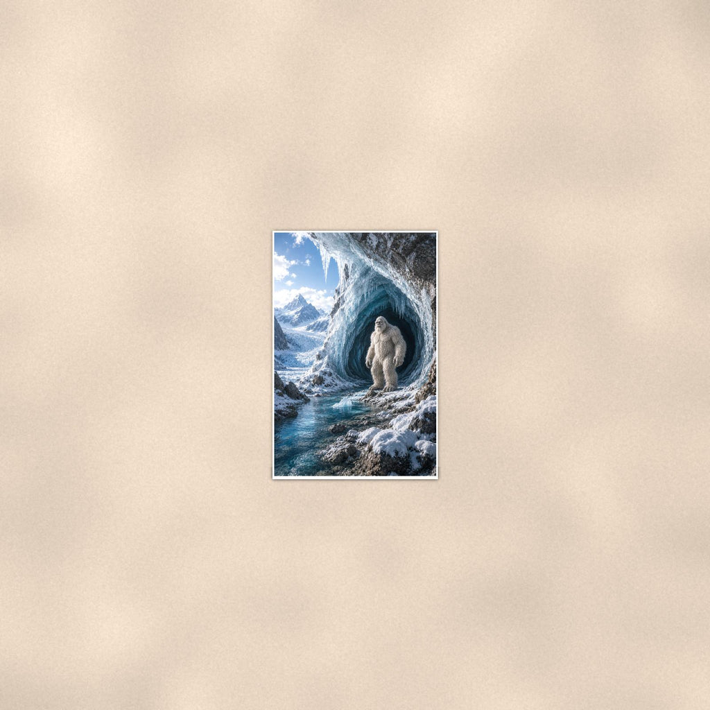 Ice Cave Yeti — 24x36 in art print poster, premium luster paper with a white border; poster seen from further back, at true 24x36 in scale on a warm wall.
