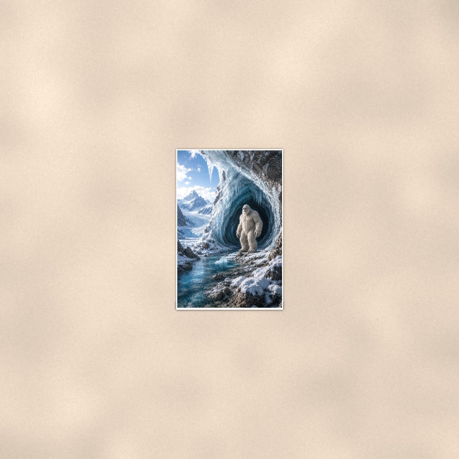 Ice Cave Yeti — 24x36 in art print poster, premium luster paper with a white border; poster seen from further back, at true 24x36 in scale on a warm wall.