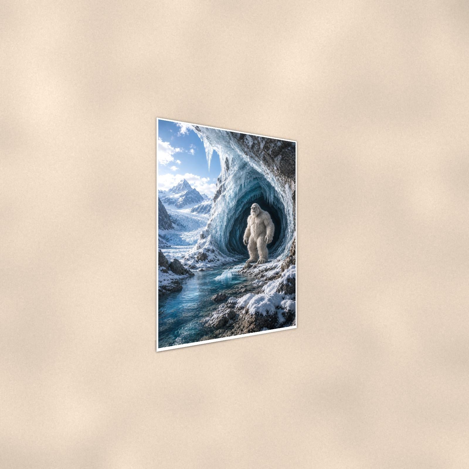Ice Cave Yeti — 24x36 in art print poster, premium luster paper with a white border; steeper three-quarter angle on a warm wall, catching the luster sheen.