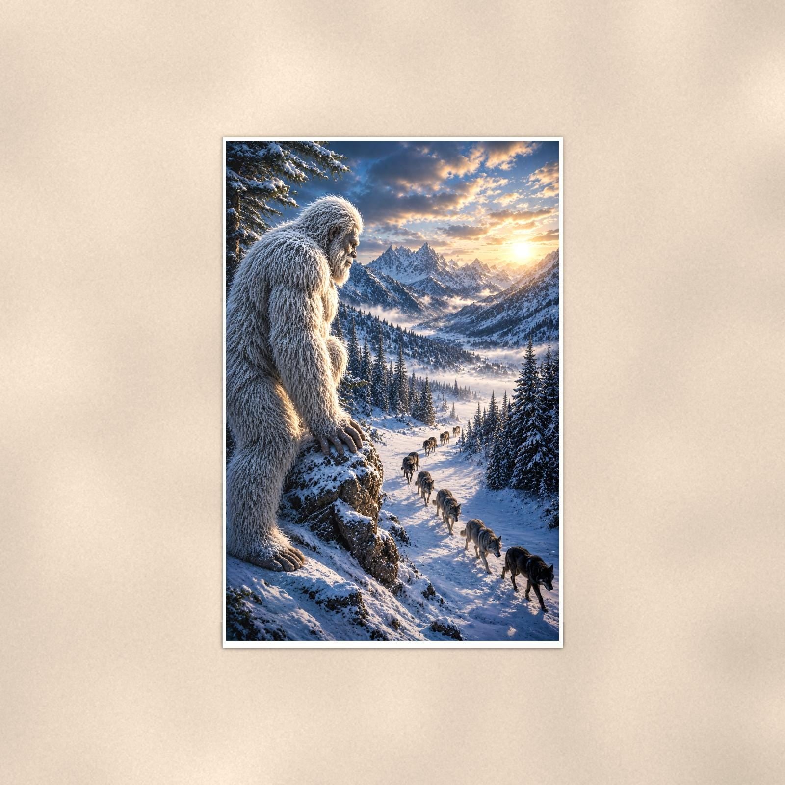 Wolf Pack Yeti — 24x36 in art print poster, premium luster paper with a white border; poster shown straight on against a warm wall.