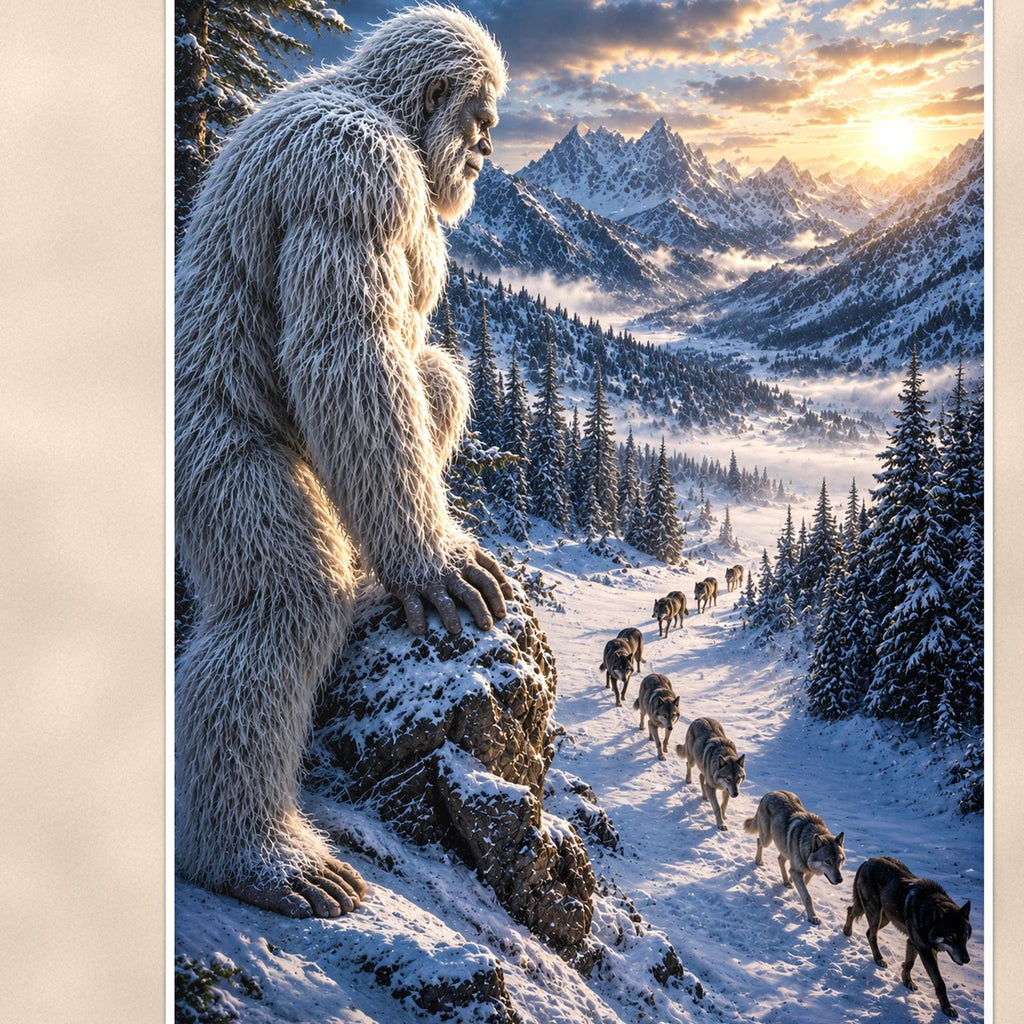 Wolf Pack Yeti — 24x36 in art print poster, premium luster paper with a white border; close-up framed on the main subject of the artwork, paper surface visible.