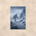 Blizzard Climb Yeti — 24x36 in art print poster, premium luster paper with a white border; poster shown straight on against a warm wall.