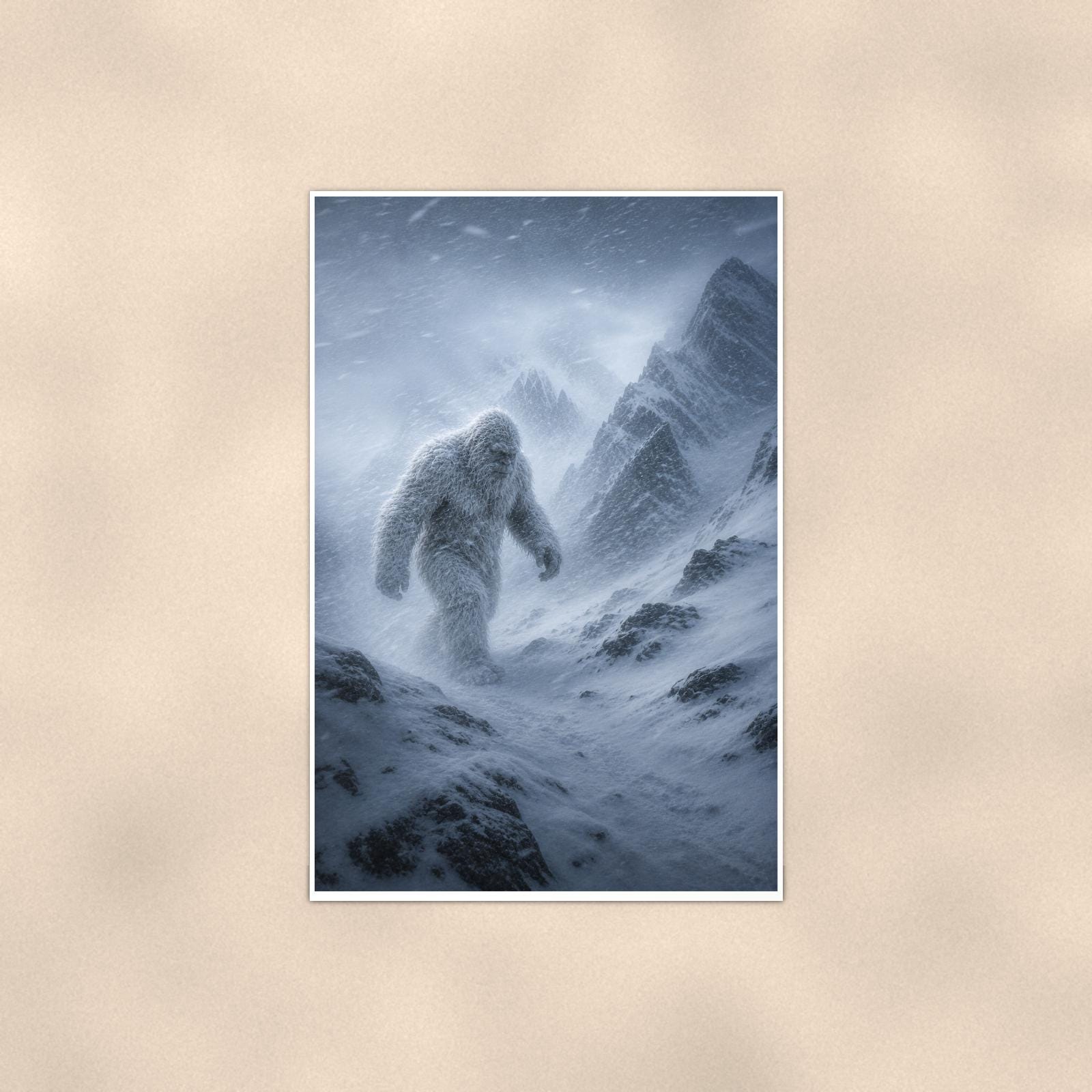Blizzard Climb Yeti — 24x36 in art print poster, premium luster paper with a white border; poster shown straight on against a warm wall.