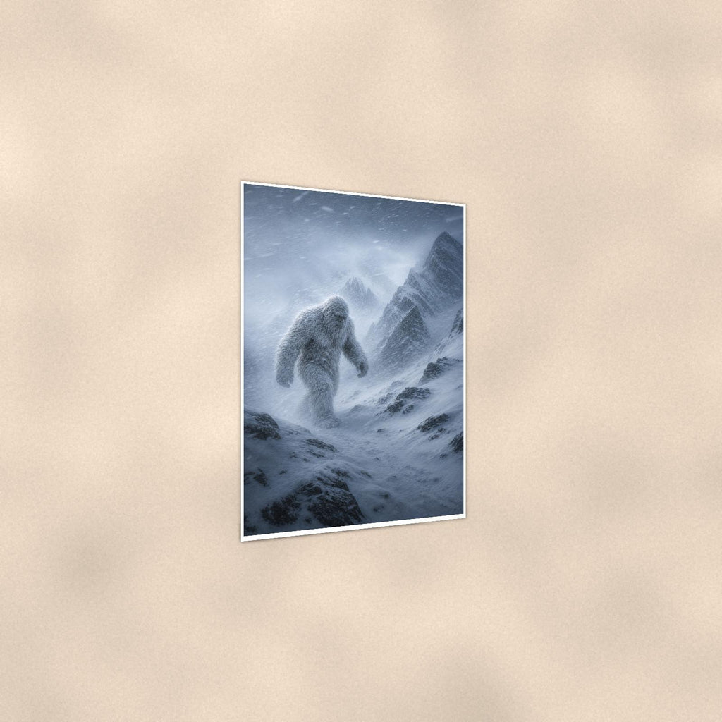 Blizzard Climb Yeti — 24x36 in art print poster, premium luster paper with a white border; gentle three-quarter angle on a warm wall, showing the flat paper edge.
