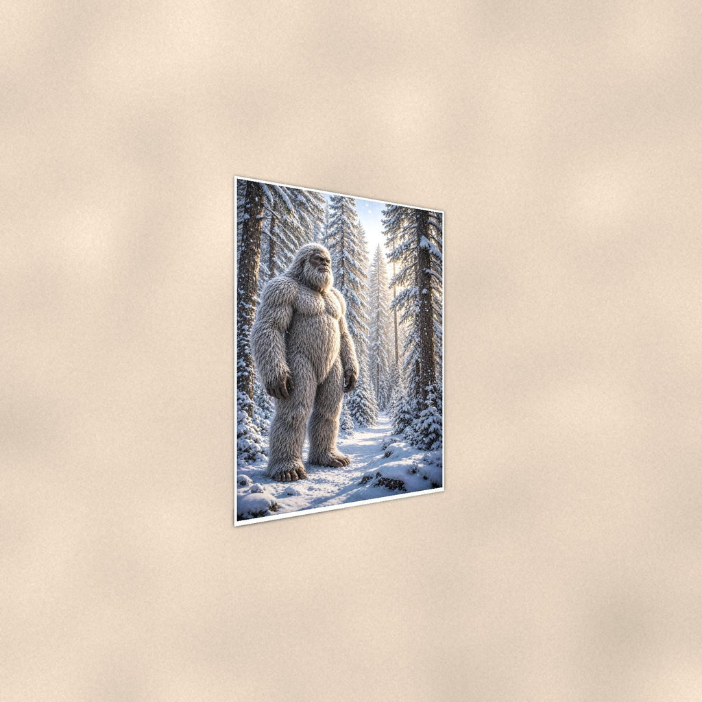 Snowy Path Yeti — 24x36 in art print poster, premium luster paper with a white border; steeper three-quarter angle on a warm wall, catching the luster sheen.