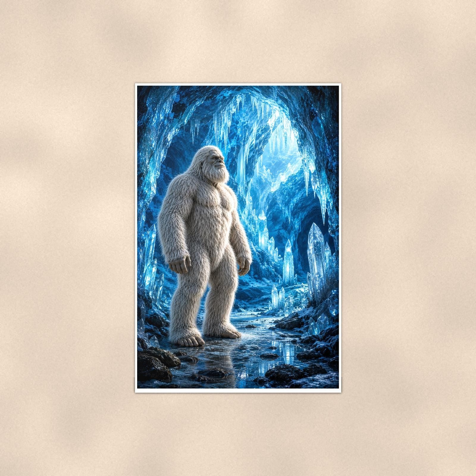 Blue Cave Yeti — 24x36 in art print poster, premium luster paper with a white border; poster shown straight on against a warm wall.