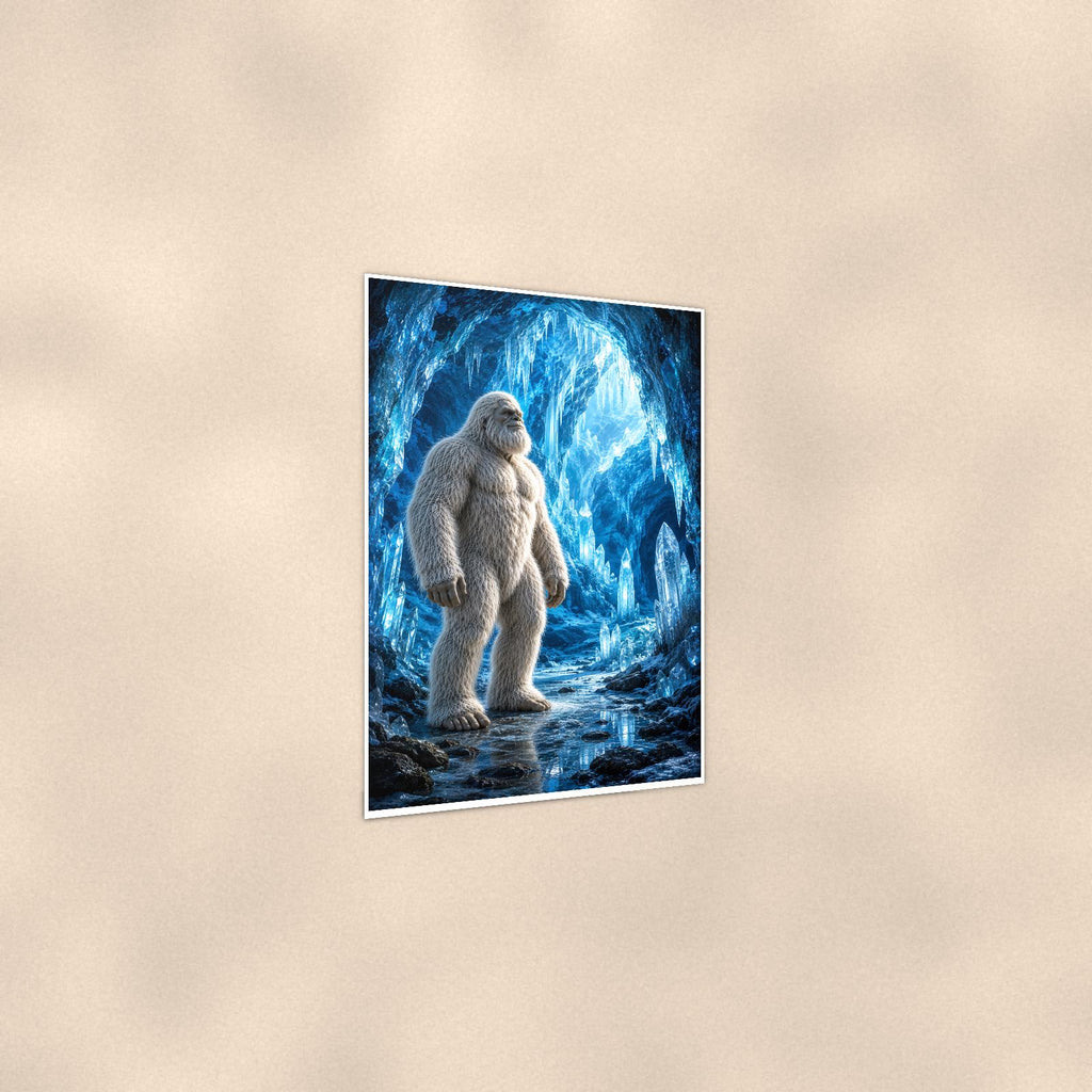 Blue Cave Yeti — 24x36 in art print poster, premium luster paper with a white border; gentle three-quarter angle on a warm wall, showing the flat paper edge.