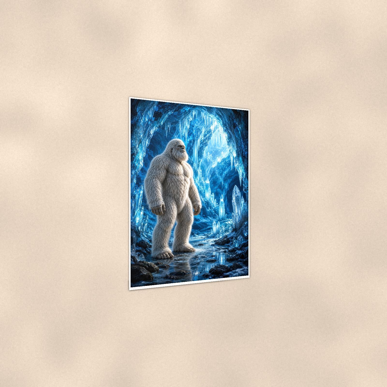 Blue Cave Yeti — 24x36 in art print poster, premium luster paper with a white border; gentle three-quarter angle on a warm wall, showing the flat paper edge.