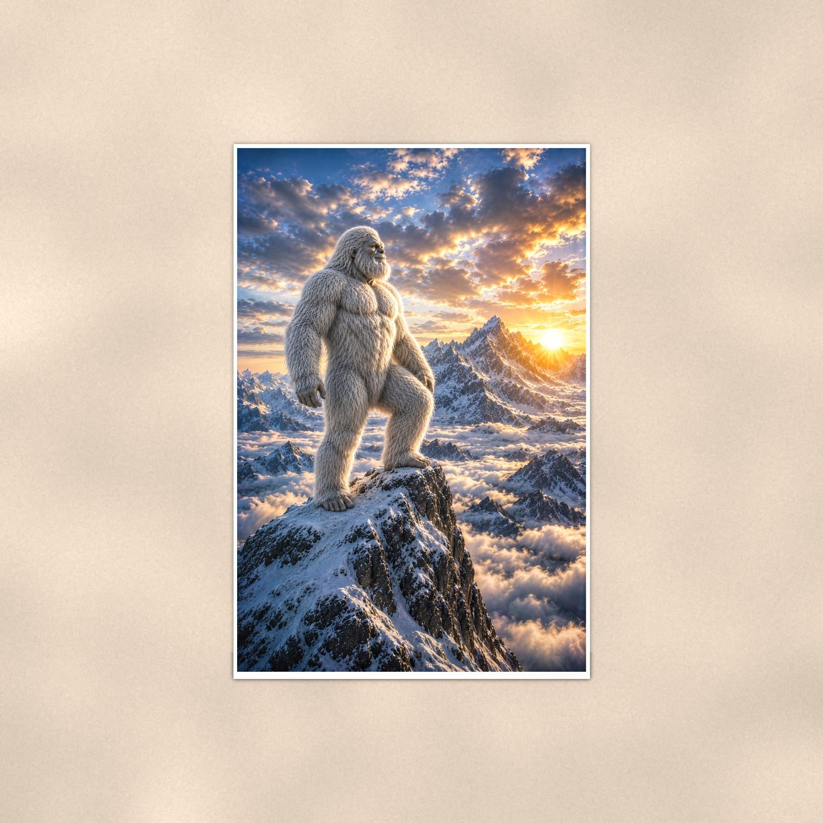Summit Sunset Yeti — 24x36 in art print poster, premium luster paper with a white border; poster shown straight on against a warm wall.
