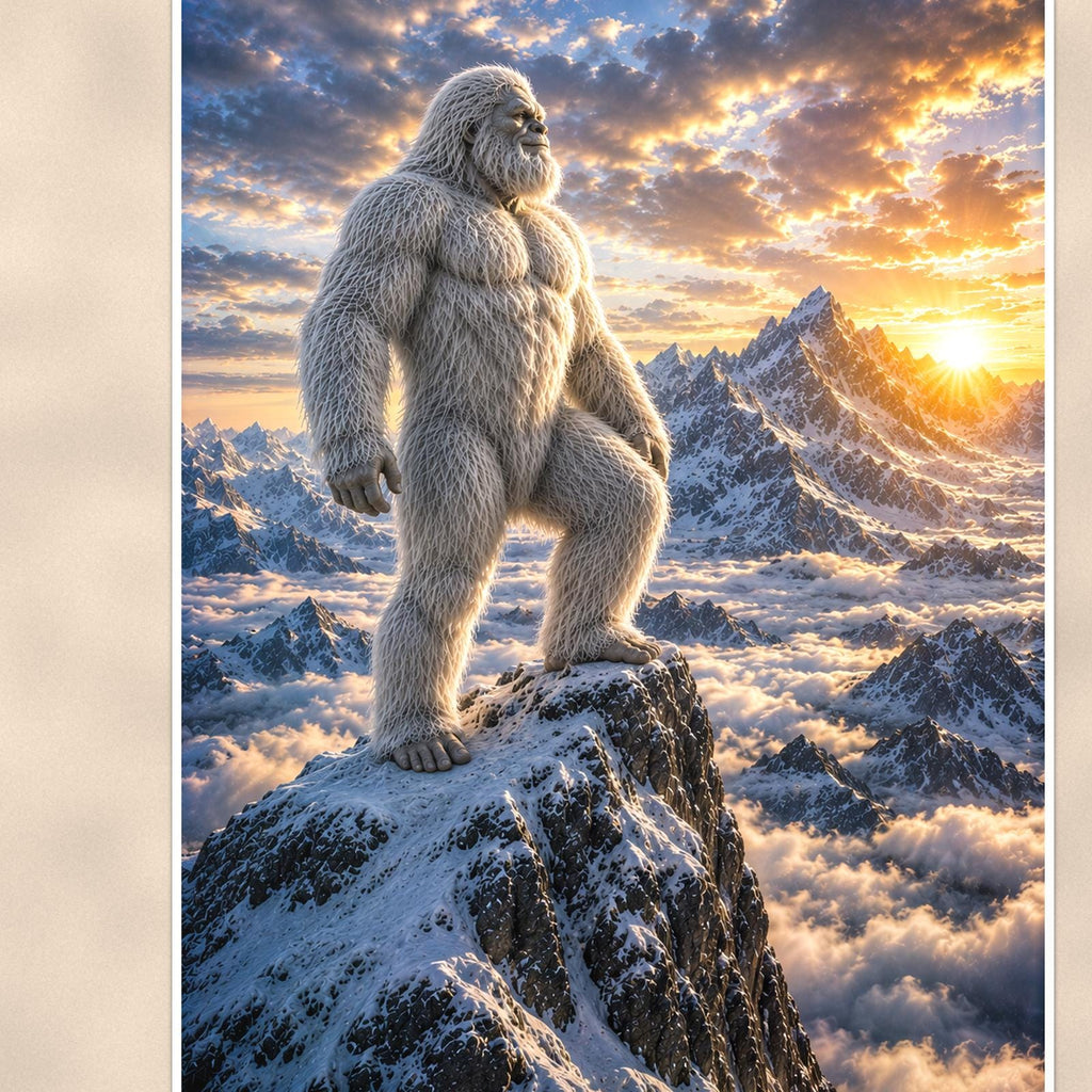 Summit Sunset Yeti — 24x36 in art print poster, premium luster paper with a white border; close-up framed on the main subject of the artwork, paper surface visible.