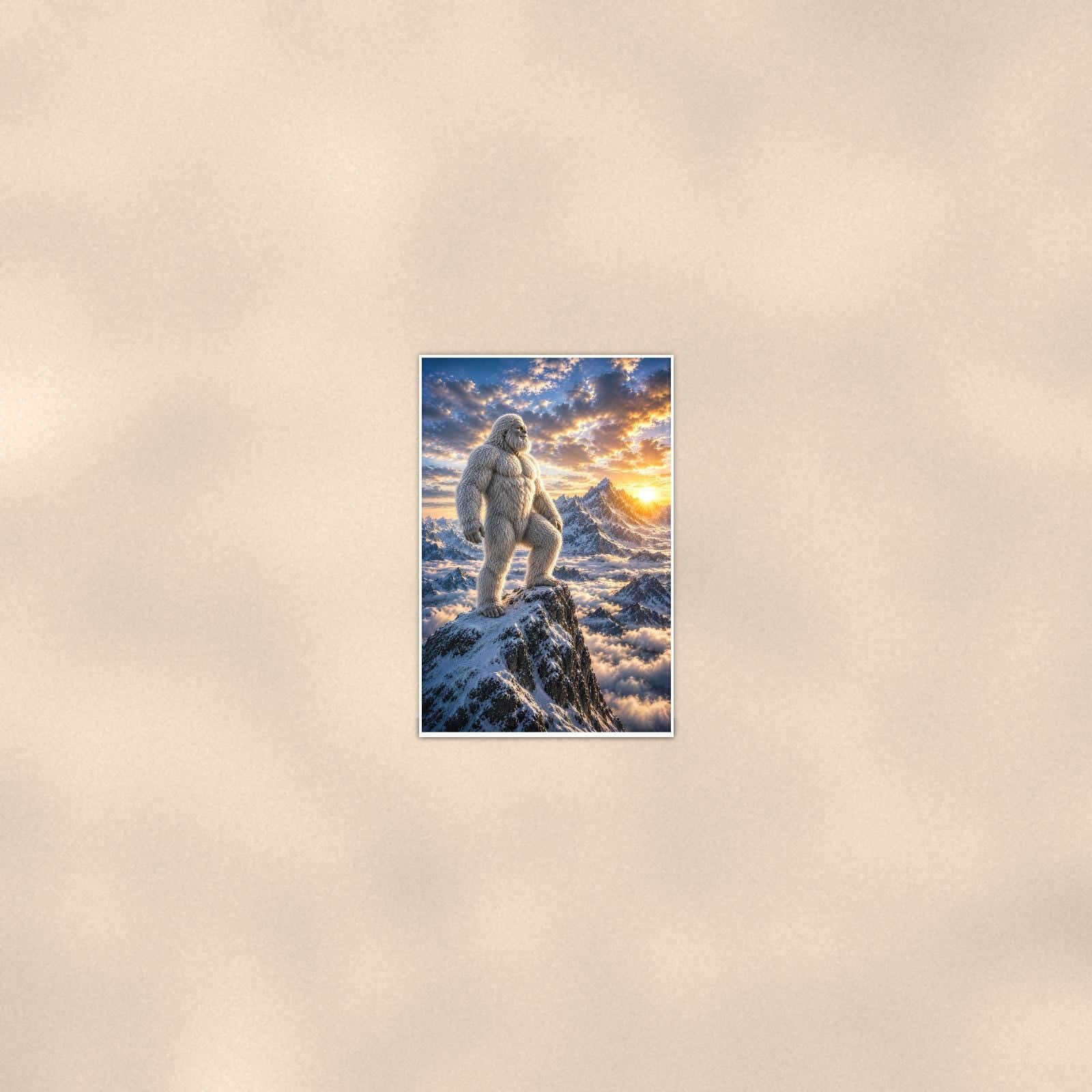 Summit Sunset Yeti — 24x36 in art print poster, premium luster paper with a white border; poster seen from further back, at true 24x36 in scale on a warm wall.