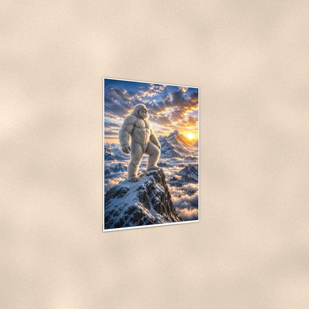 Summit Sunset Yeti — 24x36 in art print poster, premium luster paper with a white border; gentle three-quarter angle on a warm wall, showing the flat paper edge.