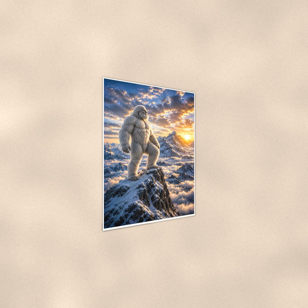 Summit Sunset Yeti — 24x36 in art print poster, premium luster paper with a white border; steeper three-quarter angle on a warm wall, catching the luster sheen.