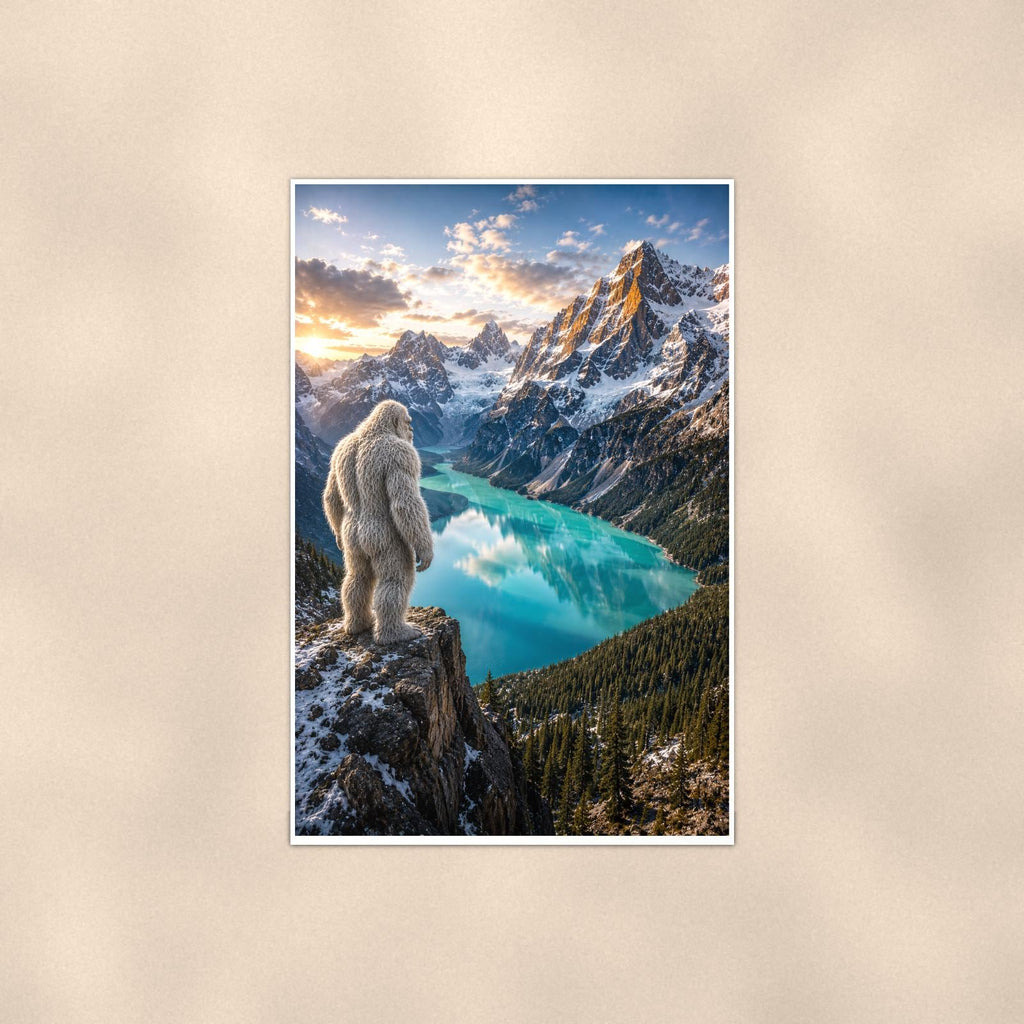 Alpine Lake Yeti — 24x36 in art print poster, premium luster paper with a white border; poster shown straight on against a warm wall.