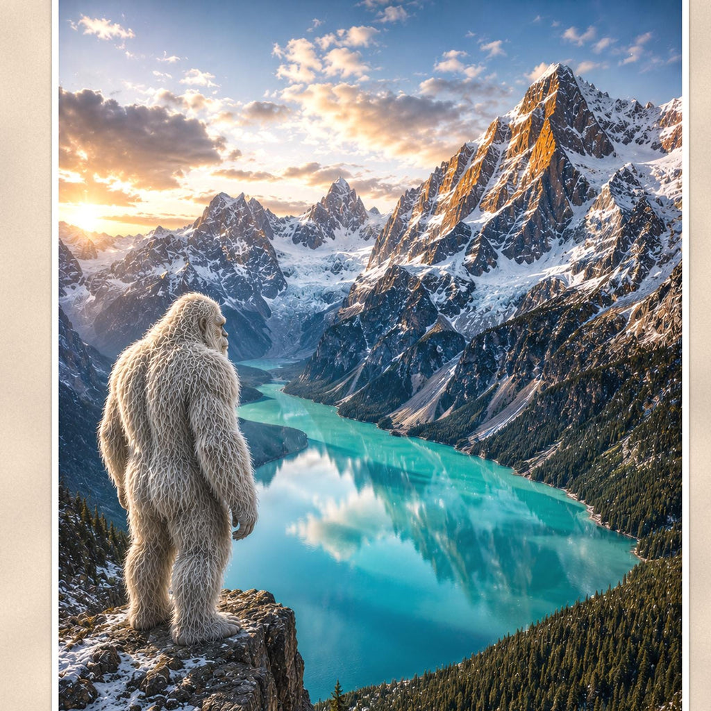 Alpine Lake Yeti — 24x36 in art print poster, premium luster paper with a white border; close-up framed on the main subject of the artwork, paper surface visible.
