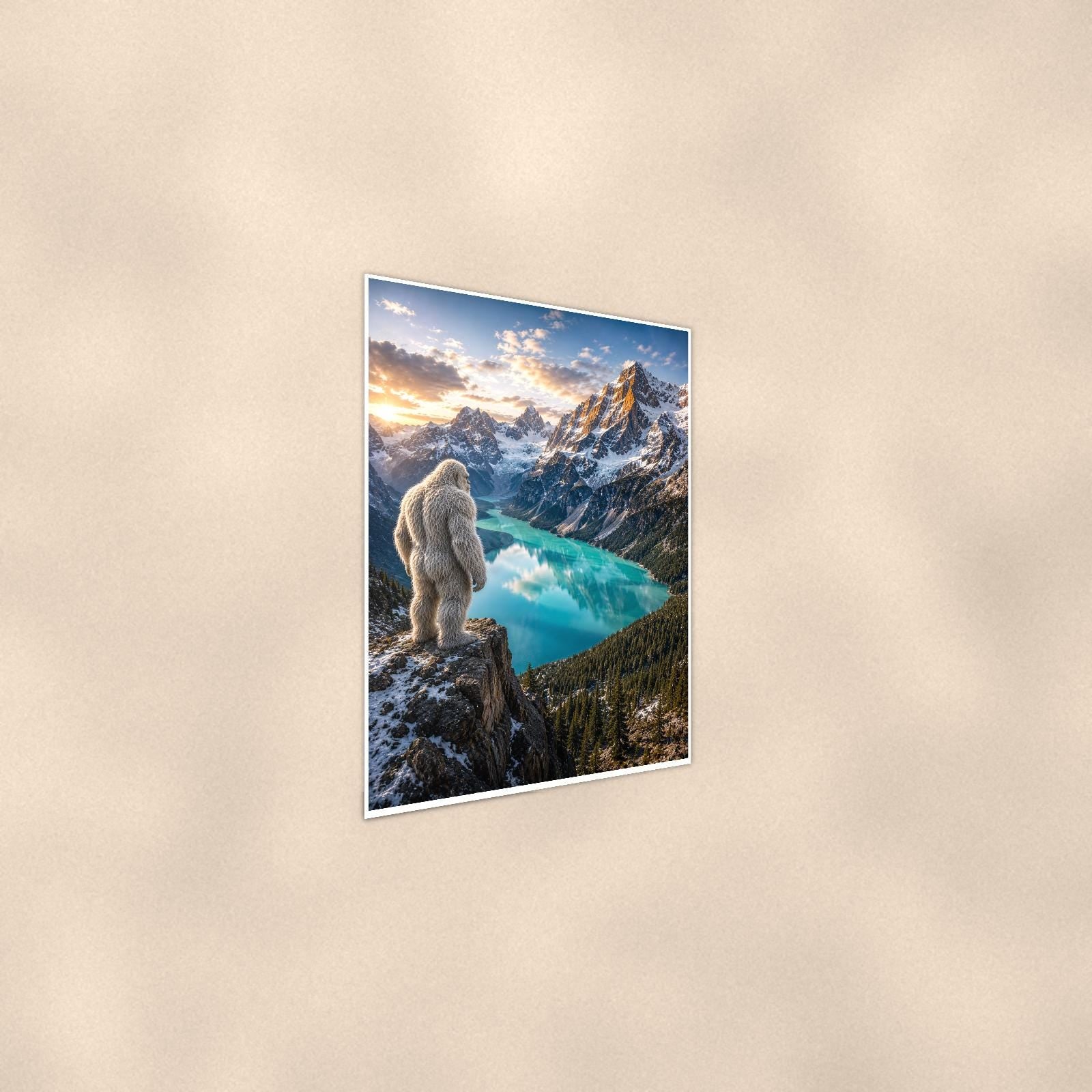 Alpine Lake Yeti — 24x36 in art print poster, premium luster paper with a white border; steeper three-quarter angle on a warm wall, catching the luster sheen.