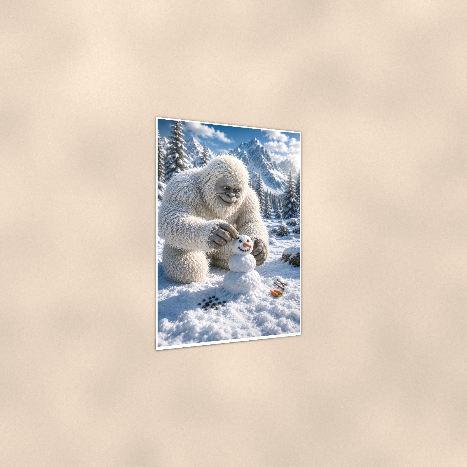 Snowman Builder Yeti — 24x36 in art print poster, premium luster paper with a white border; gentle three-quarter angle on a warm wall, showing the flat paper edge.