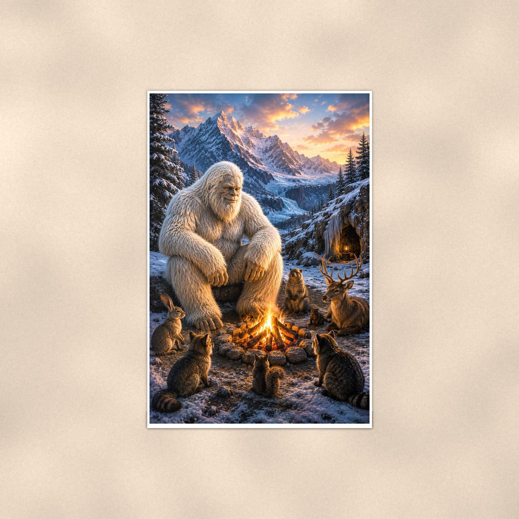 Campfire Cats Yeti — 24x36 in art print poster, premium luster paper with a white border; poster shown straight on against a warm wall.