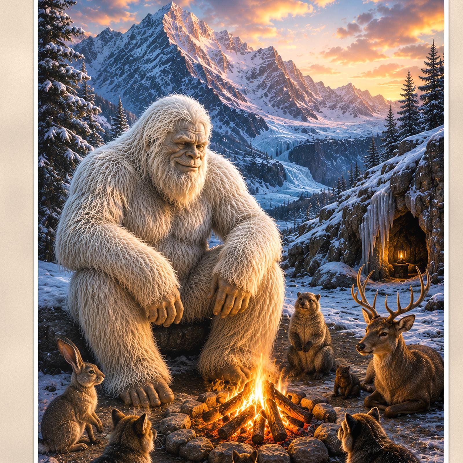 Campfire Cats Yeti — 24x36 in art print poster, premium luster paper with a white border; close-up framed on the main subject of the artwork, paper surface visible.